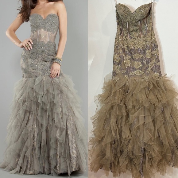 JOVANI PROM 6534 Strapless beaded glitter champagne & toffee gown size 8 - Picture 2 of 16